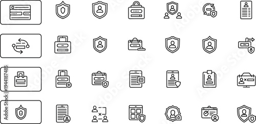 Identity verification and cybersecurity line icon set featuring authentication access control user protection and digital security