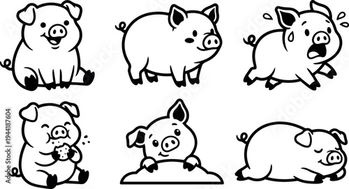 Cute black and white line art cartoon pig icons showing sitting eating sleeping playful happy and scared expressions vector set