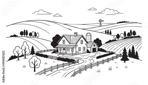 Rural farm landscape illustration with house barn and rolling hills scenery