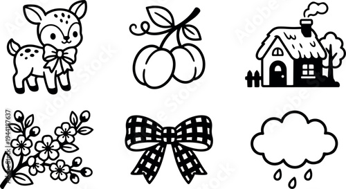 Cute cartoon deer with bow cherry fruits branch with flowers checkered bow house with chimney and rain cloud icons in black line style
