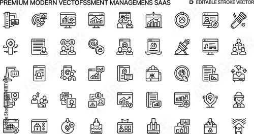 Investment and asset management SaaS line icon set featuring portfolio analytics financial reports strategy planning and wealth management tools