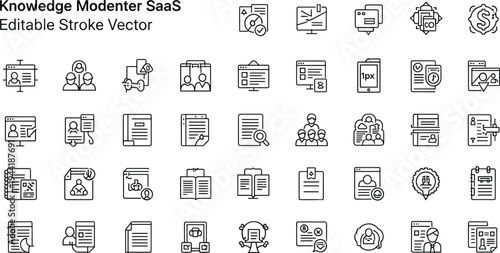Knowledge management SaaS line icon set featuring documentation collaboration learning analytics and information workflow tools