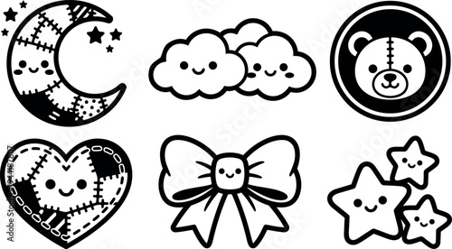 Cute black and white patchwork moon heart smiling clouds stars and bow vector icons set with kawaii faces