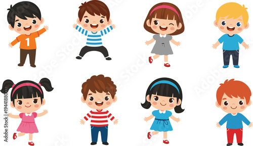 Flavector cartoon children illustration set showing diverse hairstyles clothing and playful poses for educational design