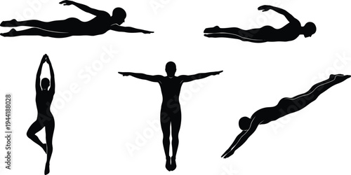 Swimmer silhouettes collection showing freestyle strokes, diving and standing poses, aquatic sports training illustration set isolated on light background