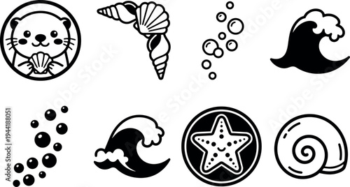 Cute otter holding shell vector icon with spiral shells bubbly water waves and starfish black and white simple line art design set