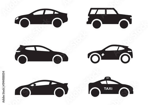 Collection of black car silhouettes including sedan hatchback suv coupe and taxi cab on transparent background