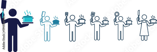 Flavector cooking progression illustration set showing stylized human figures with utensils pots and culinary evolution
