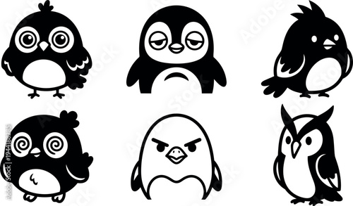Black and white vector art of six cartoon birds with different facial expressions and wing positions set in a simple layout minimalistic style