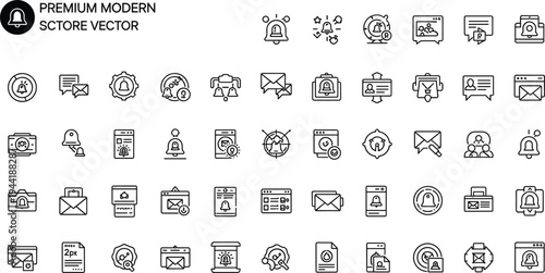 Notification and communication line icon set featuring alerts messages email reminders system updates and digital notifications