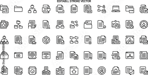 Office document management and workflow line icon set featuring files folders reports collaboration and business productivity tools