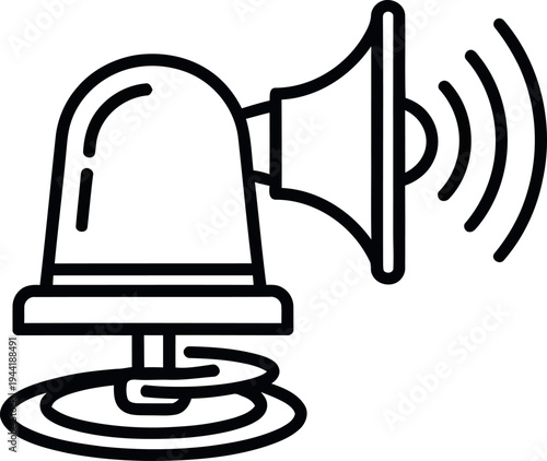 Black line of a siren with a megaphone on emitting sound waves