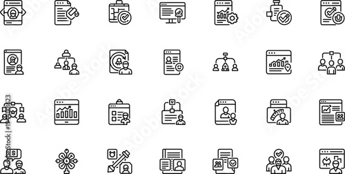 Human resources management and employee analytics line icon set featuring recruitment team collaboration performance evaluation and HR workflow tools
