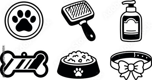 Black and white vector icons collection showing pet paw print brush food bowl collar and soap dispenser