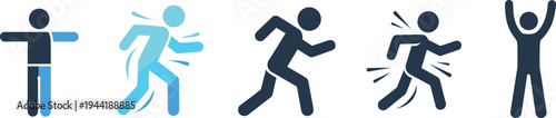 Flavector stylized human figure silhouettes showing dynamic running motion sequence and celebratory pose for vector illustration