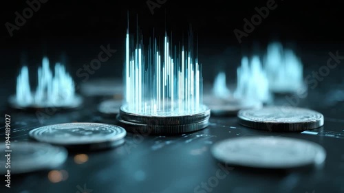 Digital Coin Transformation: A captivating display showcasing digital transformation with glowing lines above metallic coins, symbolizing the evolution of finance in the digital age.