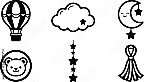 Simple black and white vector icons including smiling crescent moon star cloud bear face hot air balloon and tassel charm elements