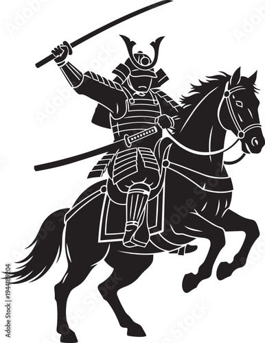 Illustrations of a warrior dressed in samurai armor, riding a horse with a sword raised in a triumphant pose on a white background