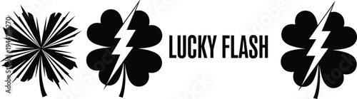 Black Silhouette of a Starburst Leaf and Two Four Leaf Clovers with Lightning Bolts lucky flash symbol