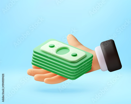 3D Hand holding stack of green paper money. Businessman offering cash payment. Render of startup investment. Financial gain, banking transaction and wealth management symbol. Vector illustration