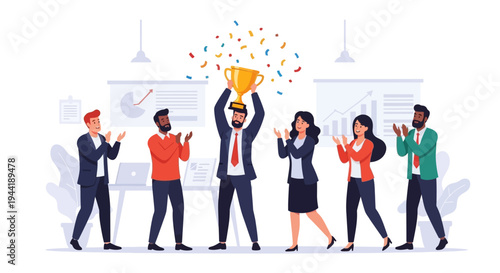 Business people celebrate with trophy.