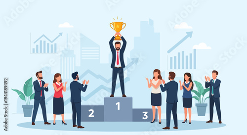 Man Holding Trophy on Podium Standing.