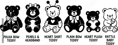 Black and white vector art with six different teddy bears wearing bows pearls heart shirt and holding rattle in cute sitting pose