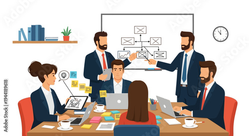 Business team in meeting discussion.