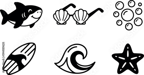 Flat design black and white simple ocean icons set with smiling shark shell sunglasses sea bubbles surfboard wave and starfish illustrations