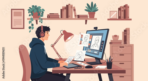 Man sitting at desk with computer.