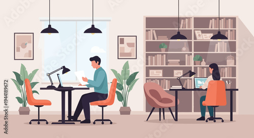 Two people working at office desks.