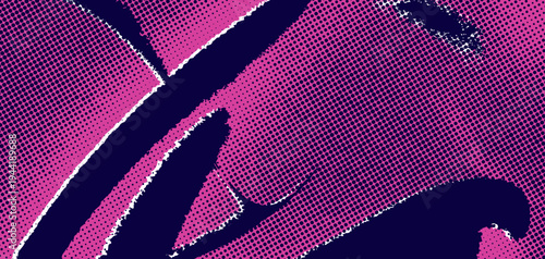 Dynamic pink and purple grunge halftone abstract with diagonal brush strokes shapes vector illustration.