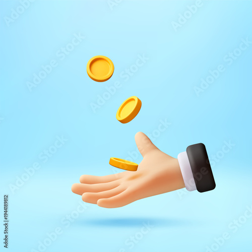 3d cartoon hand catching falling gold coins. Concept of wealth management, financial success and savings. Isolated icon for business application and investment banking interface. Vector illustration
