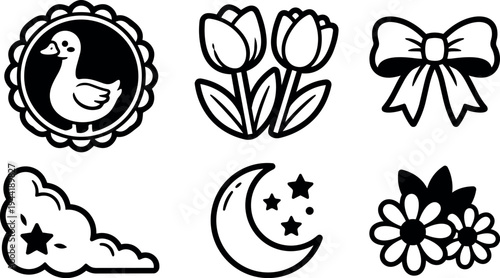 Simple black and white vector icons of duck in circle tulips bow cloud moon with stars and daisies flower cluster in flat design style