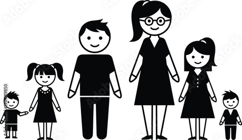 Black and white stick figure family with two parents and three children icon symbol