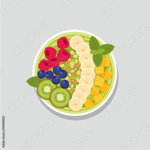 Healthy Fruit Smoothie Bowl with Banana, Kiwi, Berries, and Mango Illustration