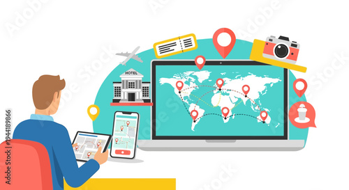 Man Using Tablet and Smartphone with Laptop.