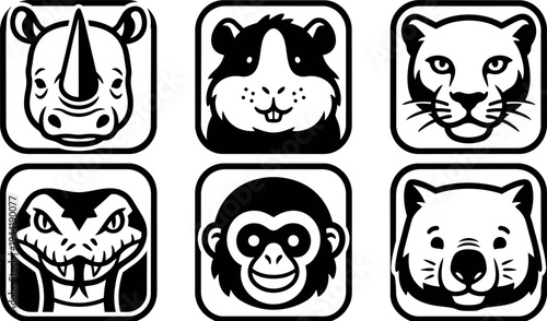 Black and white vector icons of rhinoceros guinea pig leopard snake chimpanzee and koala faces in square frames