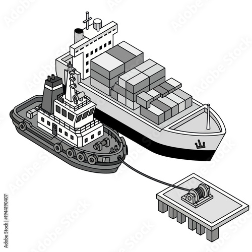 Tugboat Assisting Large Cargo Ship Docking.