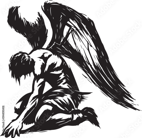 Fallen angel kneeling in despair, expressive ink wash drawing style. Melancholic dark fantasy illustration of a winged humanoid figure in a dramatic pose, isolated on a white background for creative d