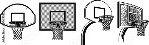 Basketball hoop and backboard silhouettes set, sport basket goal equipment for court game vector illustration isolated on white