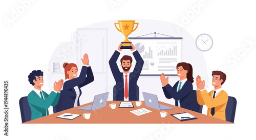 Businessman holding trophy in office meeting.