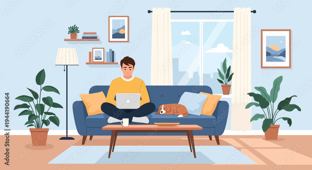 Fototapeta premium Man sitting on couch with laptop.