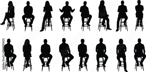 "Silhouette group of seated individuals on stools showing diverse postures, gestures, and expressions for psychology, character design, art, and body language studies"