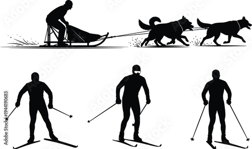 Dog sledding and cross country skiing silhouette set with mushing husky team and winter athletes cad drawing flat vector illustration