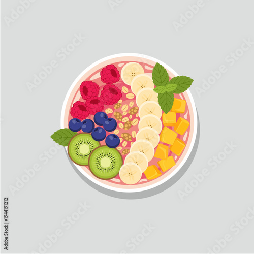 Healthy Fruit Smoothie Bowl with Banana, Kiwi, Berries, and Mango Illustration