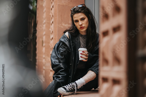 Tablou pe pânză A young girl wearing a black leather jacket holds a takeaway coffee cup and looks thoughtful