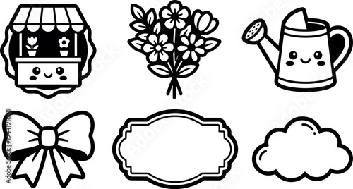 Cute smiling flower stall with watering can bow bouquet label and cloud vector black outline icons set