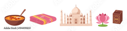 Collection of Indian cultural elements features famous monument, traditional food, spices, a beautiful lotus flower, and patterned fabric representing the rich heritage of the country.