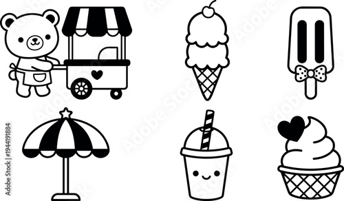Cute bear pushing ice cream cart with striped canopy and heart symbol alongside various ice cream cone popsicle and cup vector icons